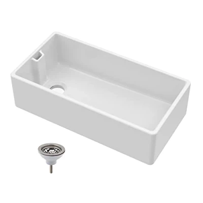 Image of Single Bowl Fireclay Ceramic Belfast Kitchen Sink with Basket Strainer Waste, 895mm Classic, Durable