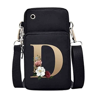 Image of FINDING CASE initial letter Printed Women Girls men Zipper Waterproof Nylon 3 Layers Crossbody Bags Wallet Cellphone Purse Shoulder Bag Wristlet Handbags Adjustable Strap (gold D)