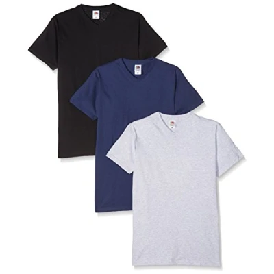 Image of Fruit of the Loom Men&#039;s V neck Valueweight T Shirt, Navy/Heather/Black, S UK