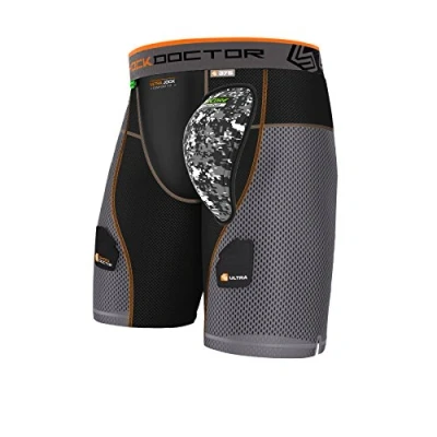 Image of Shockdoctor Men&#039;s Aircore Hard Cup Ultra Powerstride Hockey Shorts, Black/Grey, Small