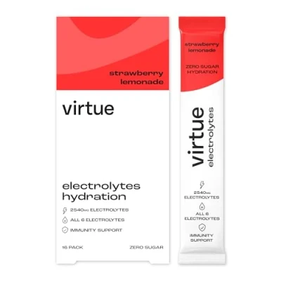 Image of Virtue Electrolytes Hydration Sachets Zero Sugar, Calories All 6 Electrolytes, Vitamin C (16 Pack, Strawberry Lemonade)