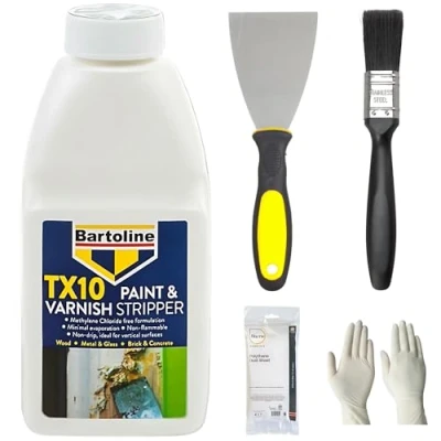 Image of Paint Remover Bundle with Bartoline TX10 Stripper/Varnish Stripper (500ml), Scraper Tool, Harris Dust Sheet, MK Paintbrush &amp; Gloves