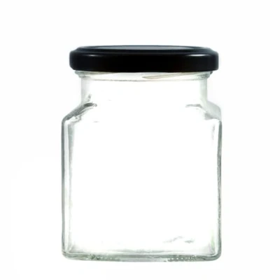 Image of Wares Of Knutsford Square Glass Jam Jar 282ml Pack 36 Black Lid Preserving, Honey Marmalade Chutney Homemade Gifts