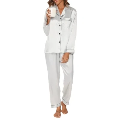 Image of Reliwel Women&#039;s Pyjama Set Silk Satin Long Sleeve Button Down Ladies Pyjamas two Piece Pjs for Women Sets Sleepwear Loungewear Nightwear Fall Winter S XXL Grey