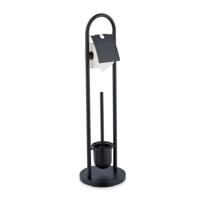 Image of Relaxdays Toilet Roll Holder and Brush Set, Stainless Steel, HxD 79 x 22 cm, Freestanding Bathroom Paper Stand, Black, Foam, Plastic