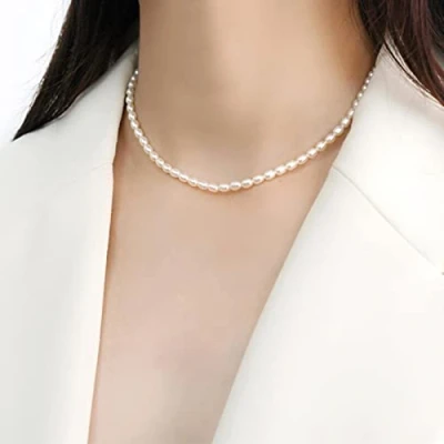 Image of LOKILOKI 3 4mm Mini Natural Freshwater Pearl Necklace For Women Wedding 925 Sterling Silver Jewelry