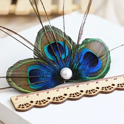 Image of RUNHENG Handmade Feather Peacock Hair clip, Natural Fascinator Barrette with White Pearl