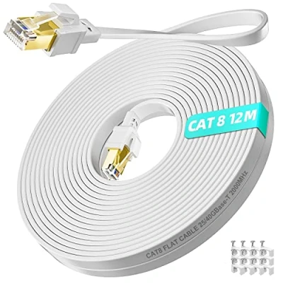 Image of Cat 8 Ethernet Cable 12m Flat Long LAN Internet 12 Meter High Speed 40Gbps 2000MHz Network Gigabit RJ45 Indoor, White Patch Cord with clips for Xbox WiFi Router TV Modem Switch