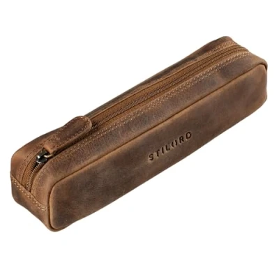 Image of STILORD &#039;Preston&#039; Pencil Case Leather Vintage Pen Pouch Round Organiser Gift for Women Men Stationary Slim in Genuine Leather, Colour:Middle Brown