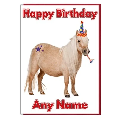 Image of AK Giftshop Personalised Horse Shetland Pony Themed Birthday Card Boys Girls Childrens ADD A NAME AND AGE