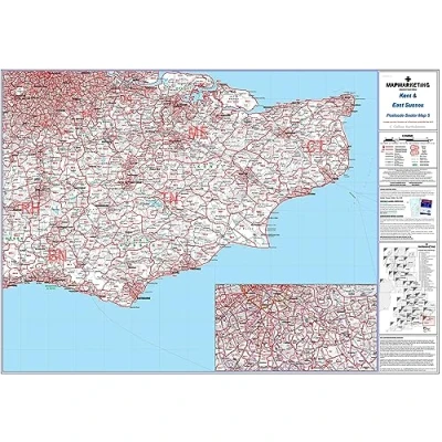 Image of Kent And East Sussex Postcode Sector Wall Map 5 Laminated With Motorway, A&#039; Roads, B&#039; City Plans, Area, District, Sectors