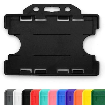 Image of CKB LTD 10x Twin Black Double Sided Rigid Slide in Open Faced ID Card Badge Holders Horizontal Landscape Dual Identity Plastic Pass Protector Holds Two Cards 86mm 54mm cr80 Credit Sized