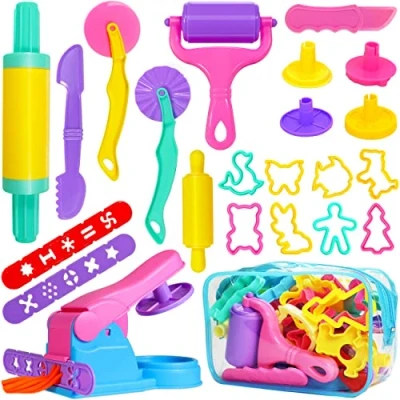 Image of Jiosdo Playdough Tools and Cutters, 22 Pcs Dough Sets for Kids Toddlers, Plastic Accessories Clay Extruders Rollers Molds with Storage Bag, Creation Educational Toy Gift Set