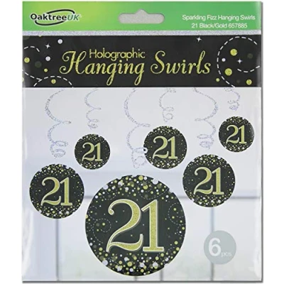 Image of OakTree Sparkling Fizz Hanging Swirls 21st Black/Gold 6pcs