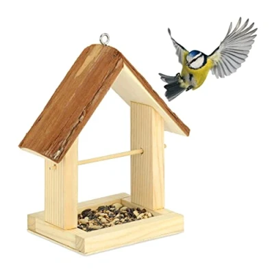 Image of Relaxdays Bird Feeder, Feeding Station, Hang or Place on Surface, H x W D: 27 23 13 cm, Wood, Natural