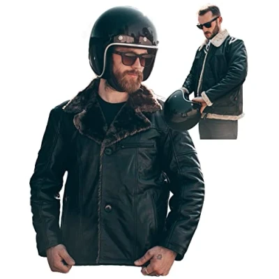 Image of Texpeed Mens Leather Jacket Genuine Warm Winter Fur Coat Biker Motorbike RAF Aviator Flight Bomber B3 Pilot Design Brown S