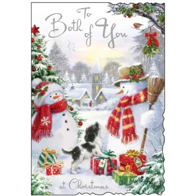 Image of Both of You Christmas Card Snowmen and Puppy Artistic Festive Dog Design Special Finishes Illustrated Insert Leaf Made in the UK