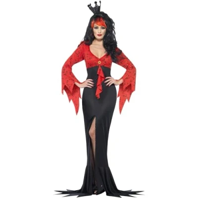 Image of Smiffys Evil Queen Costume, Red &amp; Black with Dress Bat Print Fabric, Halloween Adult Fancy Dress, Vampire Up Costumes