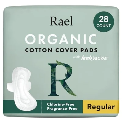 Image of Rael Organic Cotton Cover Sanitary Towels Regular Absorbency, Ultra Thin Period Pads with Wings for Women, Unscented, Hypoallergenic, Vegan (Regular, 28 Count)