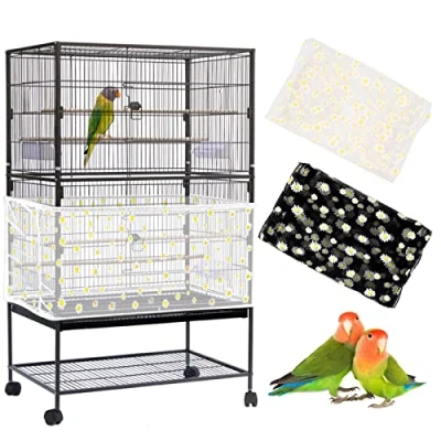 Image of 2Pcs Large Bird Cage Cover, Seed Catcher, Adjustable Soft Nylon Mesh Net with Daisy Pattern, Birdcage Cover Skirt Guard for Parrot Parakeet Macaw Round Square Cages (White+Black)