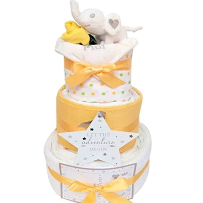 Image of Gift for Baby Shower New Born Set 3 Tier Nappy Cake Unisex Hamper Elephant Themed Present