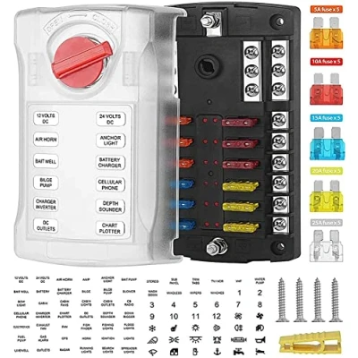 Image of Fuse Holder 12 Way Car V Blade Fuses ATO/ATC Compartments Light Plastic Case M5 Screw with 5 25A 32V 100A Max for Boat RV