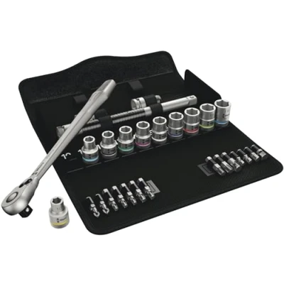 Image of Wera 05004078001 8100 SC 8 Zyklop Metal Ratchet Set with switch lever, 1/2&quot; drive, metric, 28 pieces