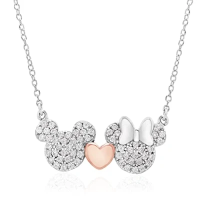 Image of Disney Mickey and Minnie Mouse Sterling Silver Two Tone Cubic Zirconia Necklace with Pink Heart, Mickey&#039;s 90th Birthday Anniversary; Jewelry for Women Girls