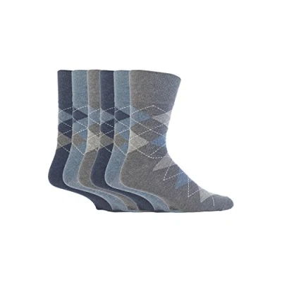 Image of 12 Pairs men&#039;s gentle grip no elastic socks 6 11 uk, 39 45 eur Blue argyles MGG38