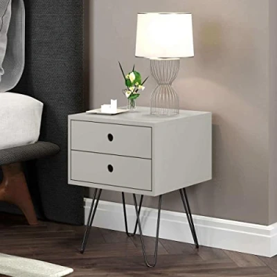 Image of Home Source Bedside, Bedroom Side Table Nightstand Cabinet, Metal Legs, 2 Storage, Grey, Engineered Wood, Drawer