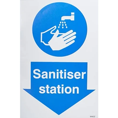 Image of SECO&quot;SANITISER Station&quot;, 200x300mm Self Adhesive Vinyl Safety Sign, White/Blue