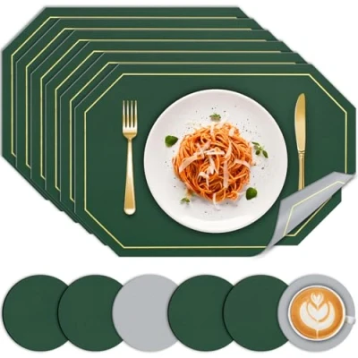 Image of BOCHION Placemats and Coaster Sets 6, Dual Sided Two Color Place Mats 30x43 cm, Leather Heat Resistant Non Slip Washable, Wipeable Kitchen Table for Home Dining Restaurant Hotel(Green Grey)