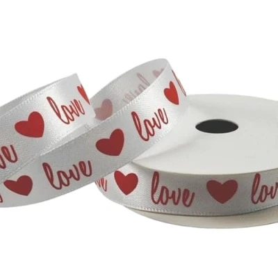 Image of Luxury Love, Valentines, Anniversary, Birthday, Christmas Ribbon Various Designs &amp; Lengths (15mm Love Heart Satin, 1 Metre)