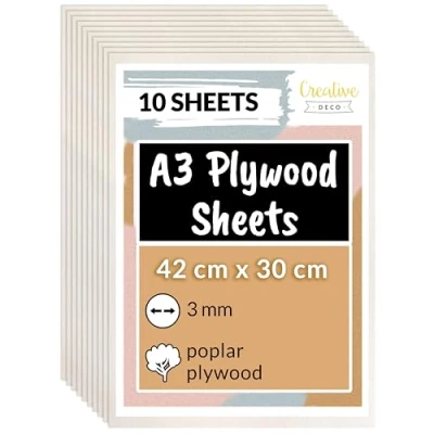 Image of Creative Deco 10 x A3 Plywood Sheets 420 300 3 mm Poplar Wood Ply Perfect Board for DIY Home Decor, Arts, Craft, Painting, Laser Cutting, CNC, Scroll Saw, Stenciling Pyrography
