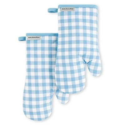 Image of KitchenAid Gingham Oven Mitt 2 Pack Set, Blue Velvet, 7&quot;x13&quot;