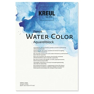 Image of Kreul 69012 Paper Water Colour Watercolour Pad DIN A3 200 g/m 10 Sheets Acid and Ageing Resistant Natural White for Painting with Gouache Colours