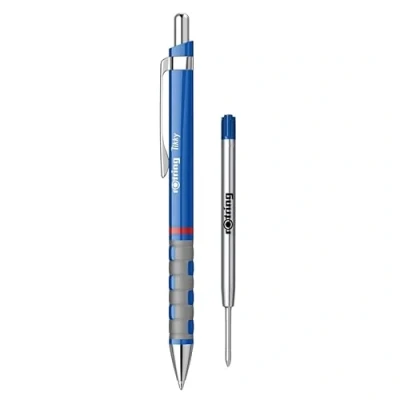 Image of rOtring Tikky Lightweight Ballpoint Pen with Rubberised Grip Blue Barrel Set Jumbo Refills Ink