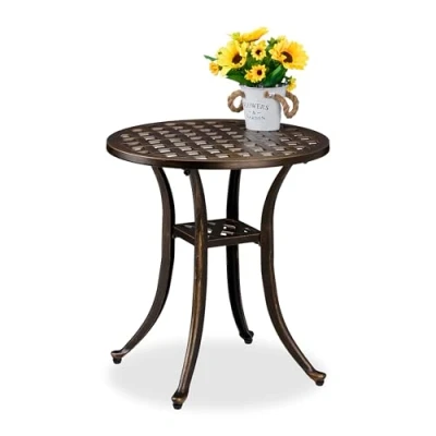Image of Relaxdays Garden Side Table, Antique Look, Cast Aluminum, 53x49 cm, Weatherproof, Round, Balcony &amp; Patio, Black/Bronze, Plastic, Aluminium