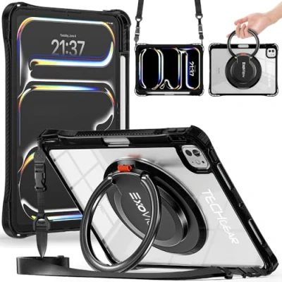 Image of TECHGEAR ExoView Case for Apple iPad Pro 11&quot; 2024 (M4) 5th Generation, Tough Rugged HEAVY DUTY Slim Shockproof Clear with Stand, 360 Rotating Ring Grip Hand Holder and Shoulder Strap Black
