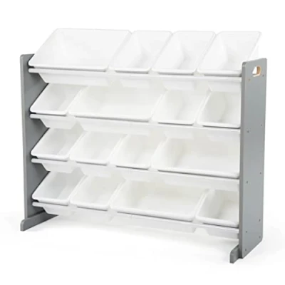 Image of Humble Crew Children&#039;s Shelf, Toy Organiser Shelf with 16 Storage Boxes, Grey/White