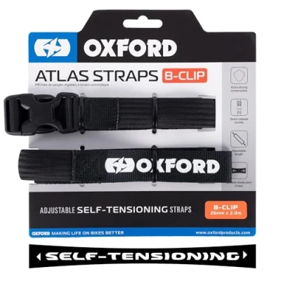 Image of Atlas B Clip (Pair), 26mm x 2.0m, Black. Motorcycle Adjustable Luggage Strap