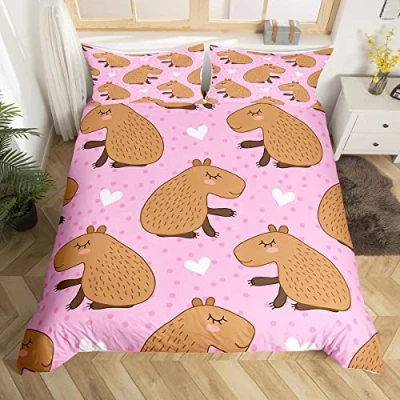 Image of Cute Capybara Duvet Cover Set Single Size, South America Rodents Bedding 2pcs for Kids Boys Girls Bedroom Decor, Cartoon Aninals Comforter Soft Polyester Quilt with 1 Pillowcase