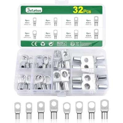 Image of Bolatus 32Pcs Cable Lugs, Crimps Bolt Hole Tinned Copper Terminals Set Tubular Lugs M6 M8 SC Ring Terminal Connectors Assortment Kit Crimp Type