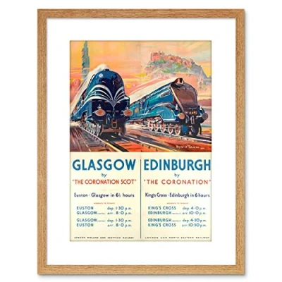 Image of Wee Blue Coo Travel Rail Train Glasgow Edinburgh Scotland Castle Framed Wall Art Print