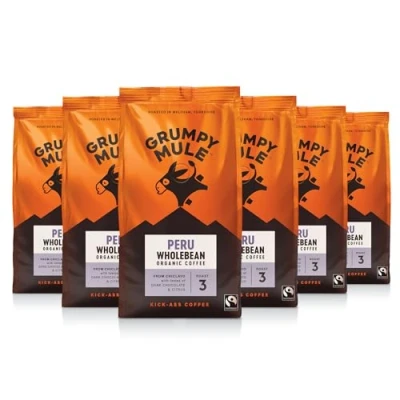 Image of Grumpy Mule Organic Peru Café Femenino Whole Coffee Beans with tastes of Dark Chocolate, Cocoa &amp; Citrus 227 g (pack 6)
