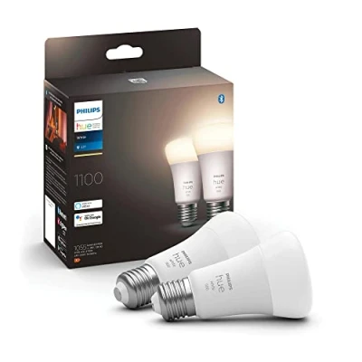 Image of Philips Hue New White Smart Light Bulb 75W 1100 Lumen 2 Pack [E27 Edison Screw] with Bluetooth. Works Alexa, Google Assistant, Apple Homekit. for Indoor Home Lighting, Livingroom and Bedroom.