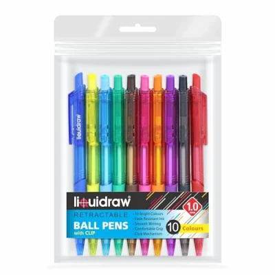Image of Liquidraw Retractable Ballpoint Pens Set Of 10 Assorted Colours Multicolour Ball Medium Point 1.0mm Multicoloured Pen Smooth Writing Comfortable Grip For Home, School &amp; Office