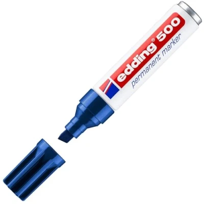 Image of edding 500 permanent marker blue 1 pen chisel nib 2 7 mm waterproof, quick drying, smear proof pens for cardboard, plastic, wood, metal, glass and fabric