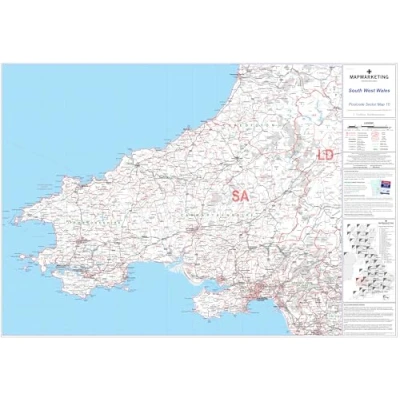 Image of South West Wales Postcode Sector Map 10 Wall With Motorway, A&#039; Roads, B&#039; City Plans, Area, District, SectorsSize: 73 x 107 cm (29 42 inches) Scale: 1:150 000 (2.4 miles to 1 inch)