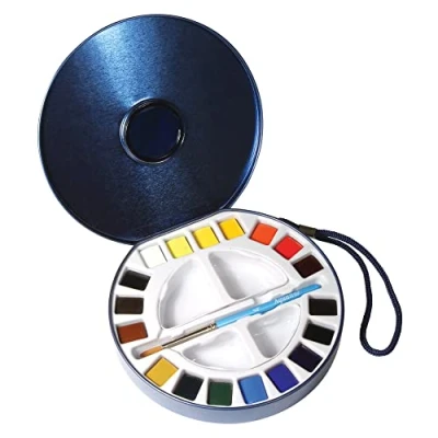 Image of Daler Rowney Aquafine Watercolour Half Pan Travel On The Go Set, 18 Assorted Paint Colours + 1 Brush, Ideal for Professional &amp; Beginner Artists Students